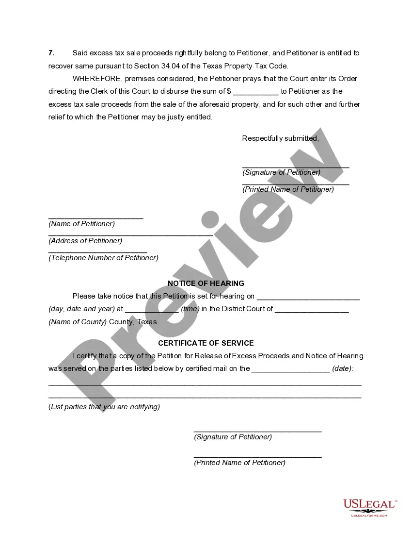 Preview Petition for Release of Excess Proceeds and Notice of Hearing