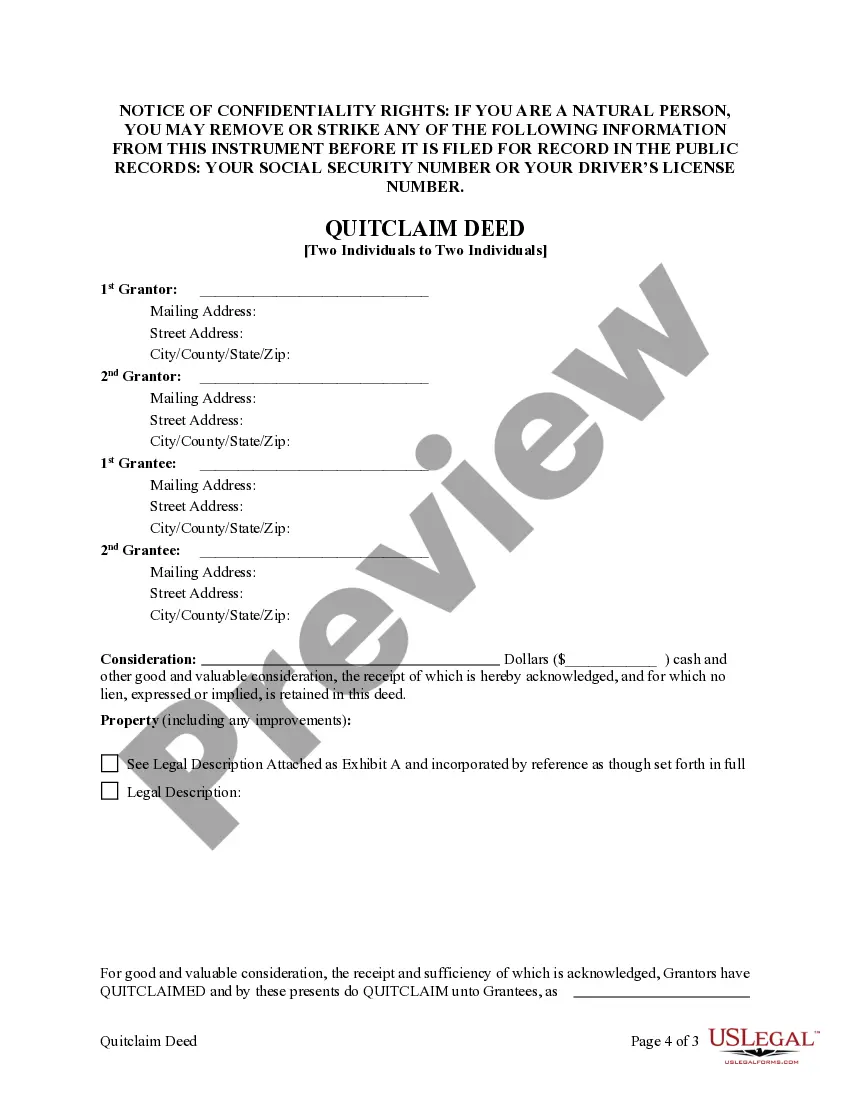 Preview Quitclaim Deed from Two (2) Individuals to Two (2) Individuals