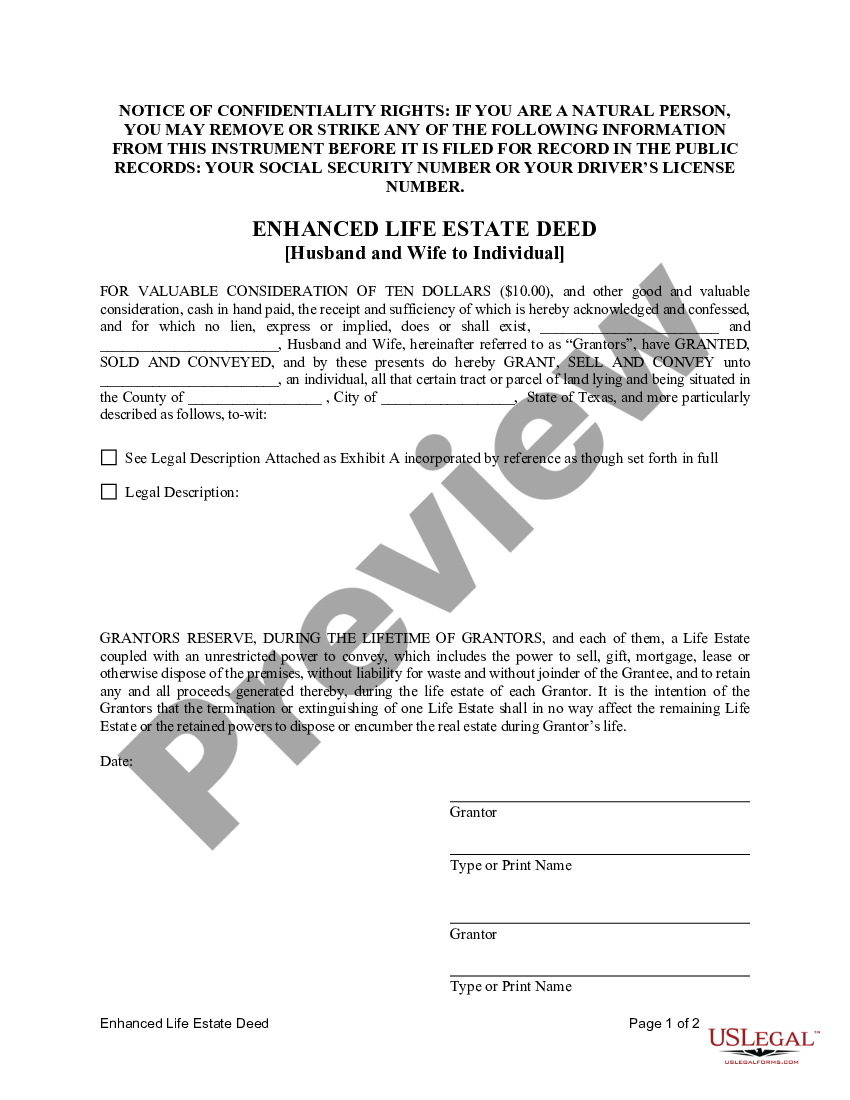 Texas Enhanced Life Estate Or Lady Bird Deed Lady Bird Deed Form US Legal Forms