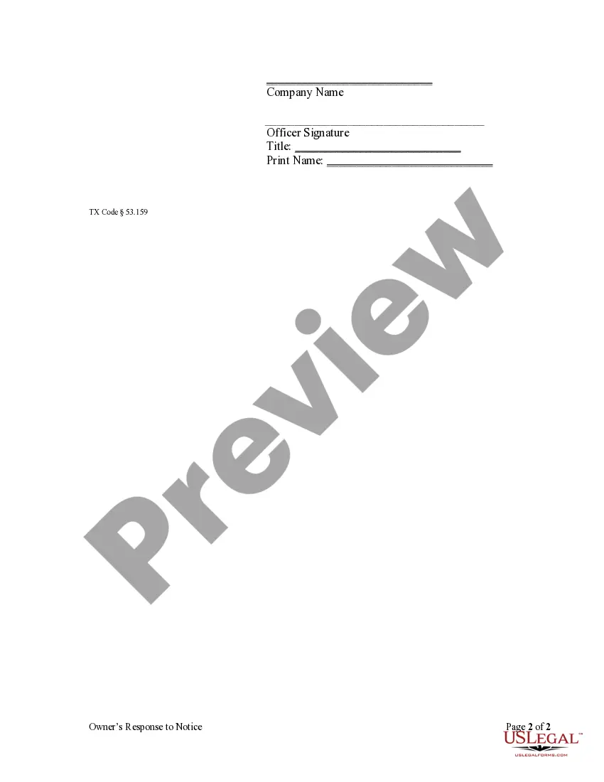 Preview Owner's Response to Request for Information from Potential Claimant - Mechanics Liens - Corporation