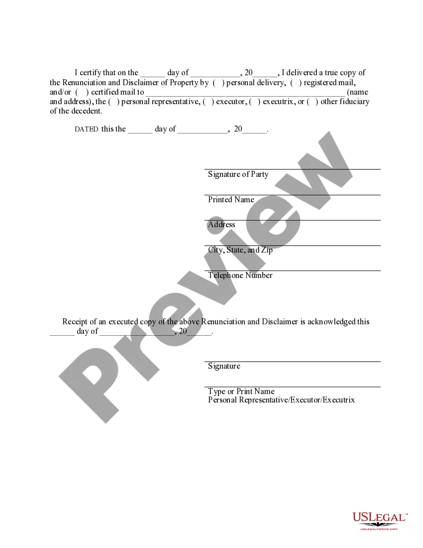 Preview Renunciation And Disclaimer of Joint Tenant or Tenancy Interest