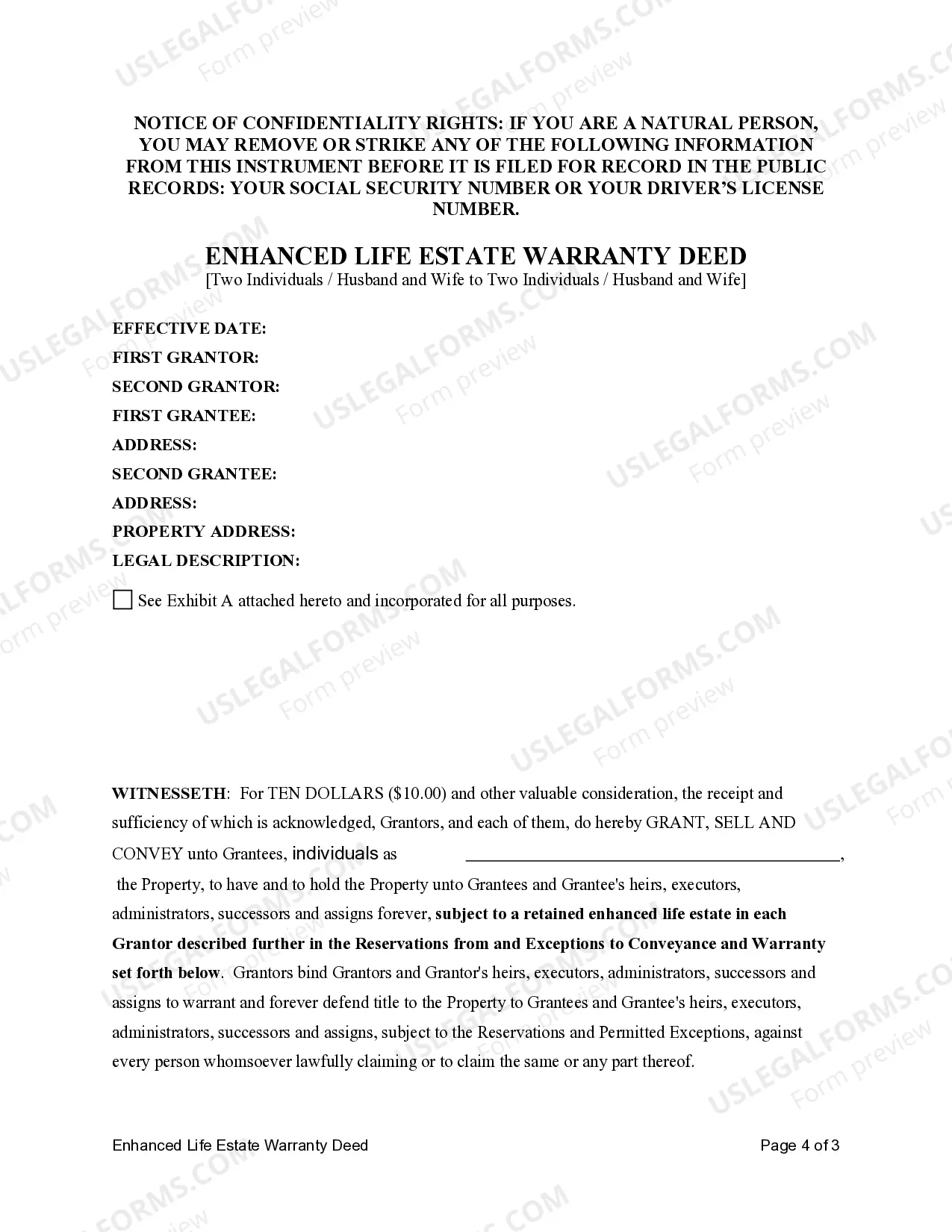 Preview Enhanced Life Estate or Lady Bird Warranty Deed from Two Individuals, or Husband and Wife, to Two Individuals, or Husband and Wife