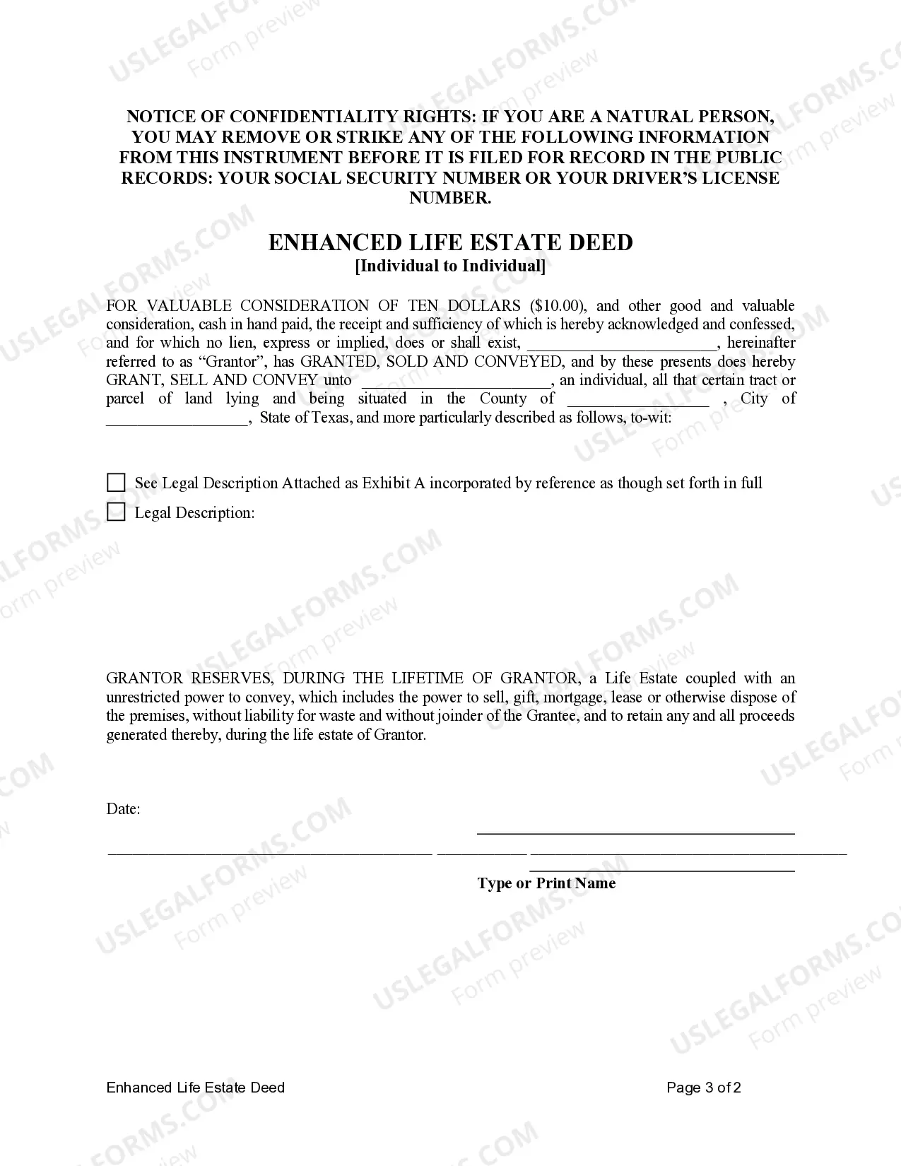 Preview Enhanced Life Estate Deed - Lady Bird - Individual to Individual