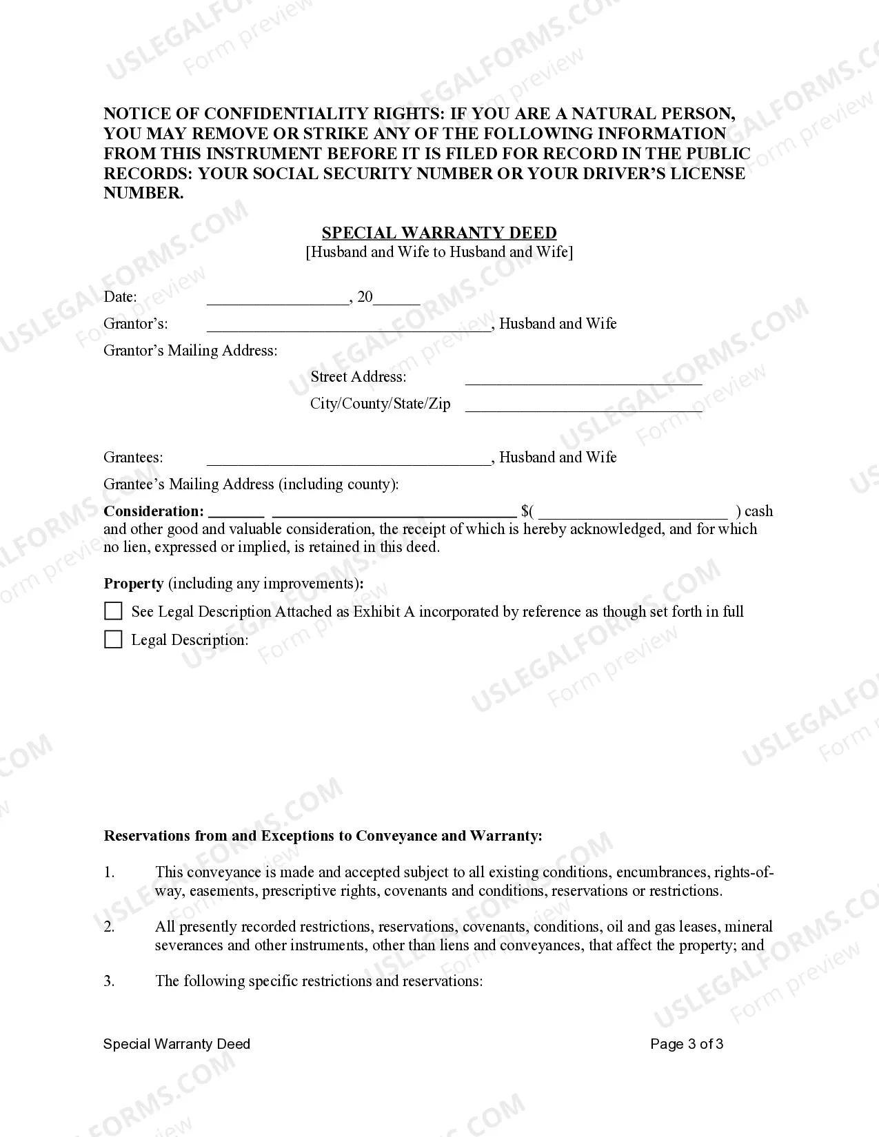 Preview Special Warranty Deed - Husband and Wife to Husband and Wife