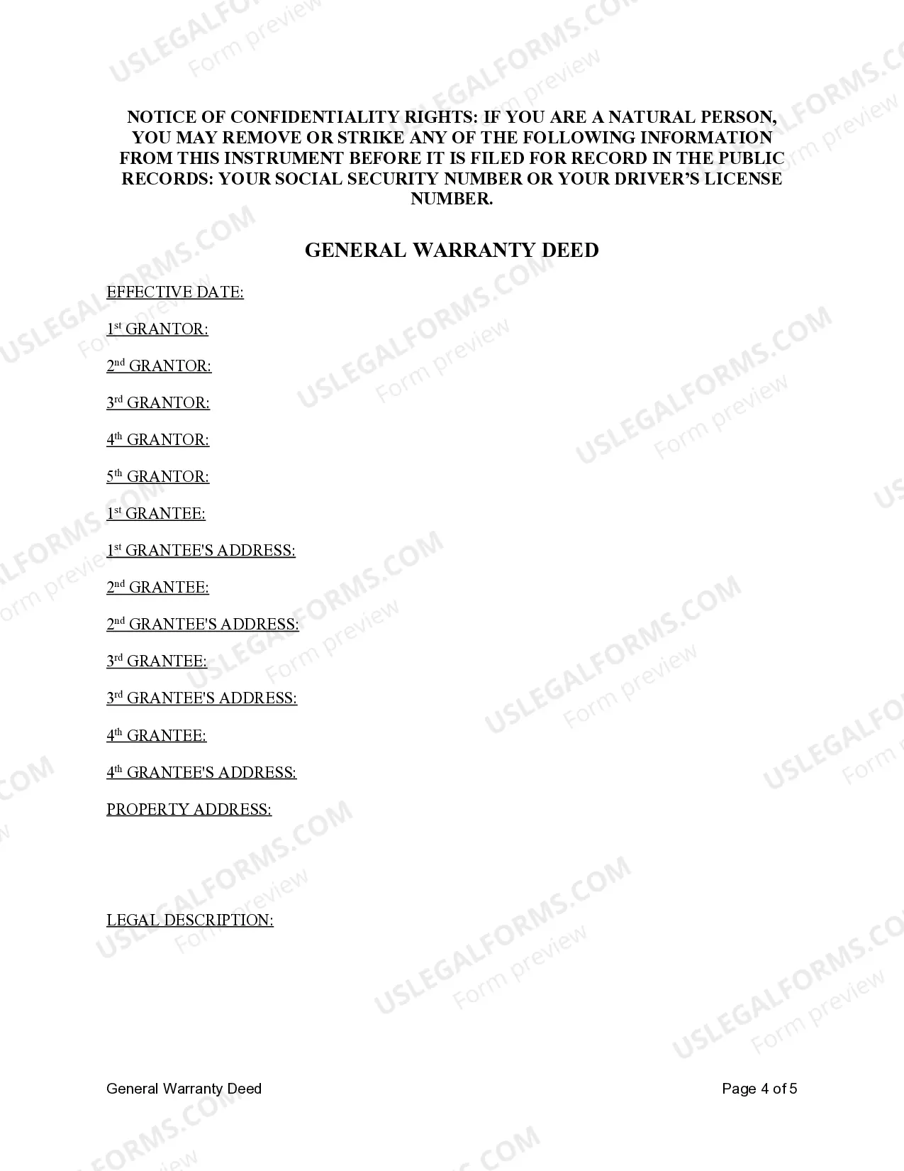 Preview General Warranty Deed - Five Individual Grantors to Four Individual Grantees Subject to Life Estate