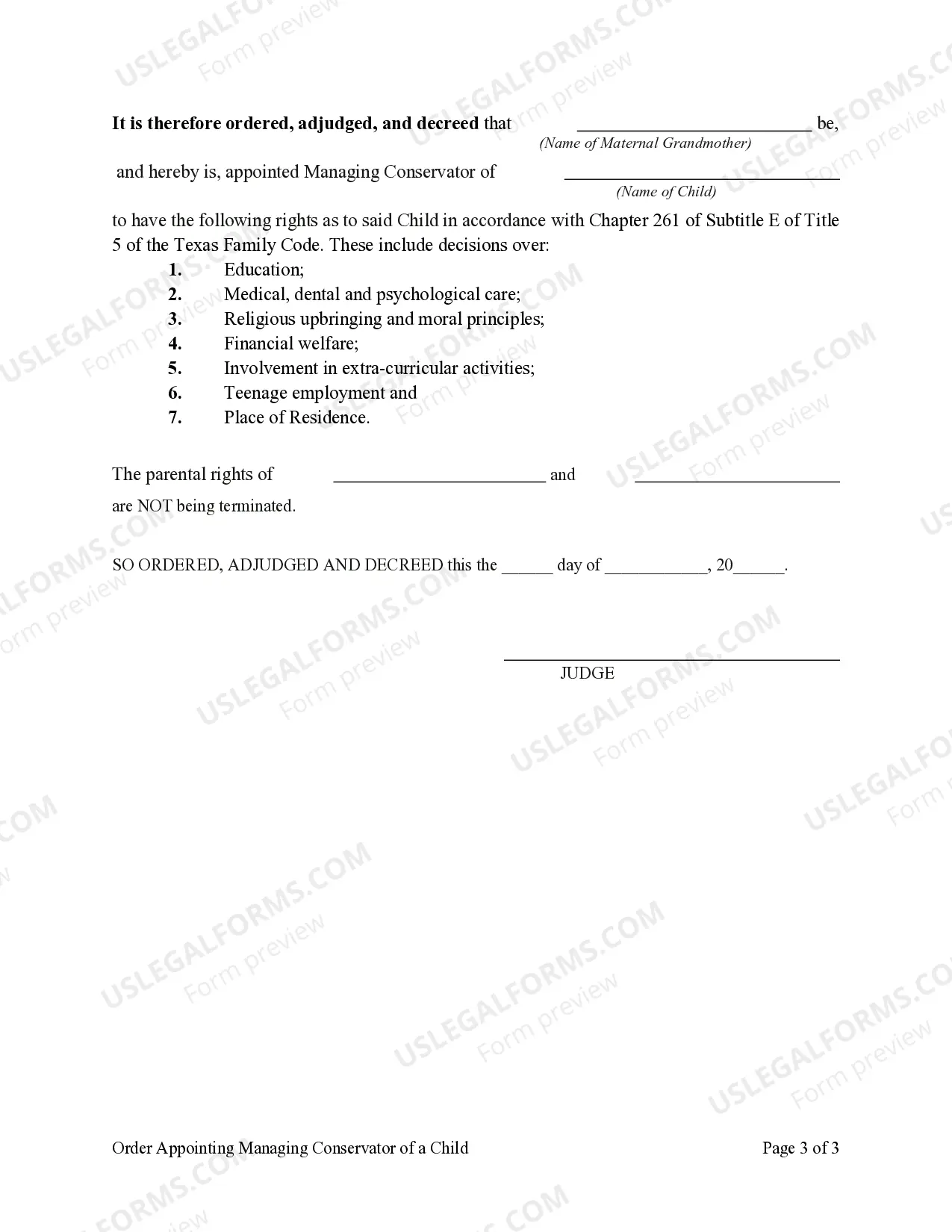 Preview Order Appointing Managing Conservator of a Child