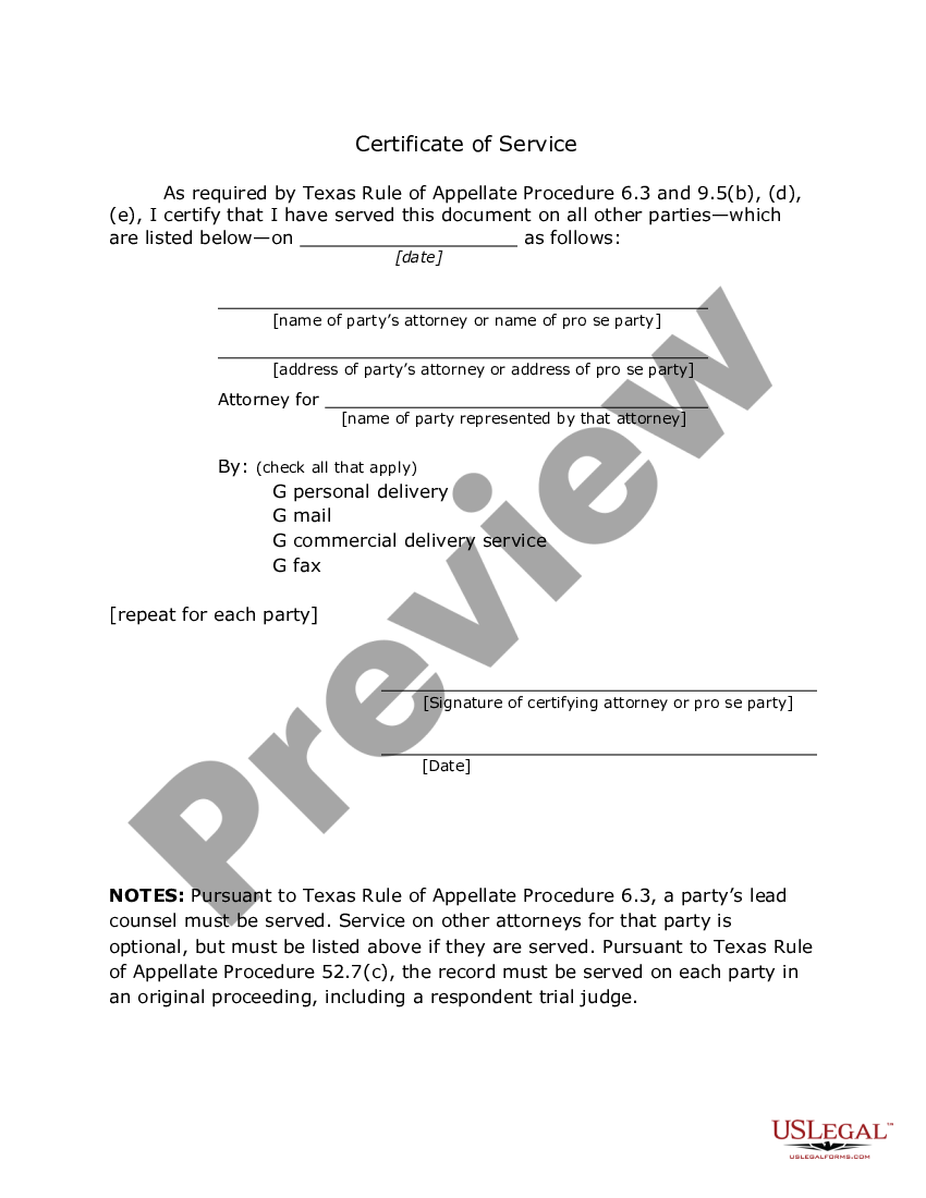 Certificate Of Service Texas Template