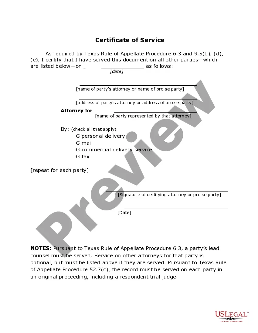 Get Certificate of Service - TX R.App.Proc. 6.3 Preview Certificate of Service - TX R.App.Proc. 6.3