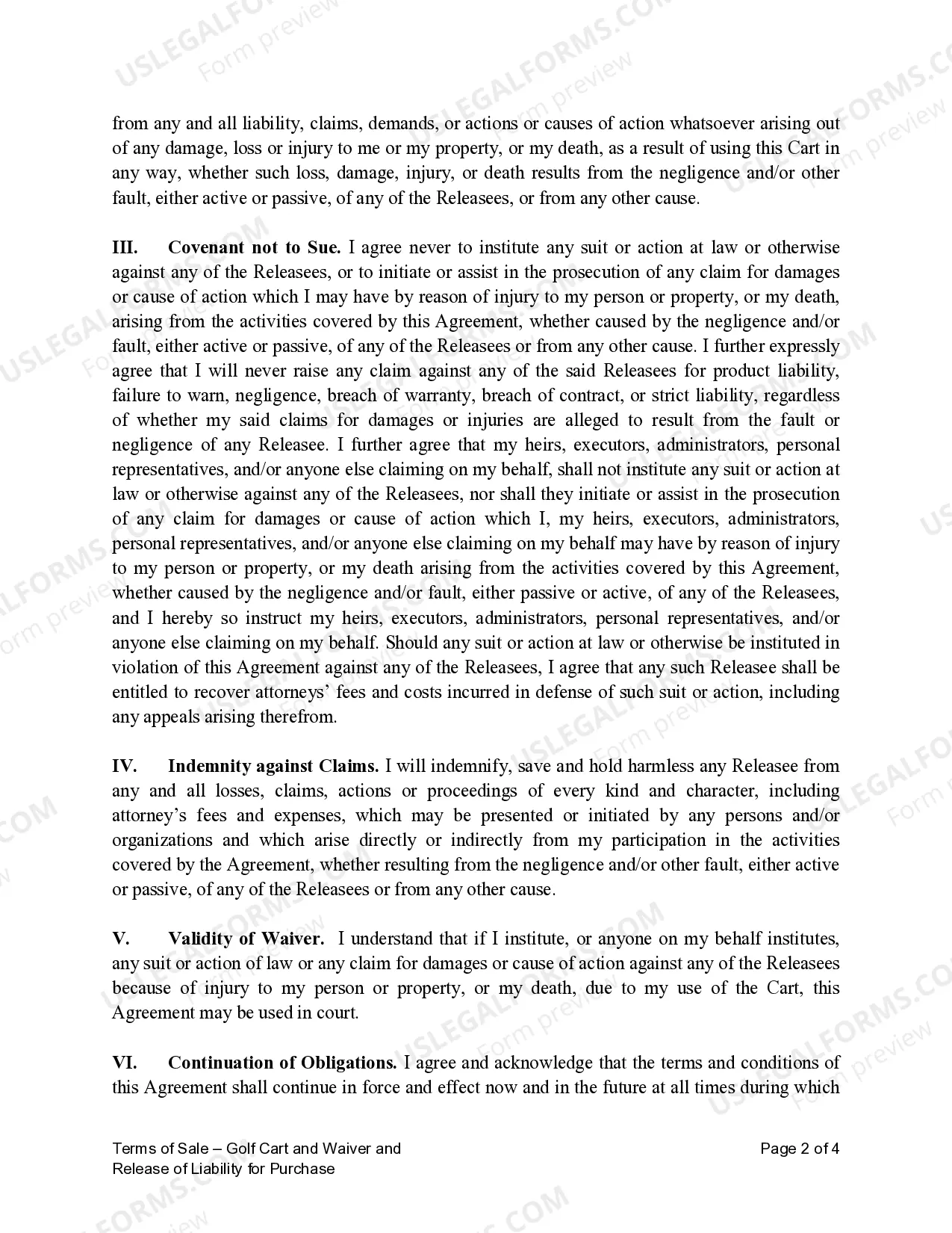 Preview Terms of Sale - Golf Cart and Waiver and Release of Liability for Purchase