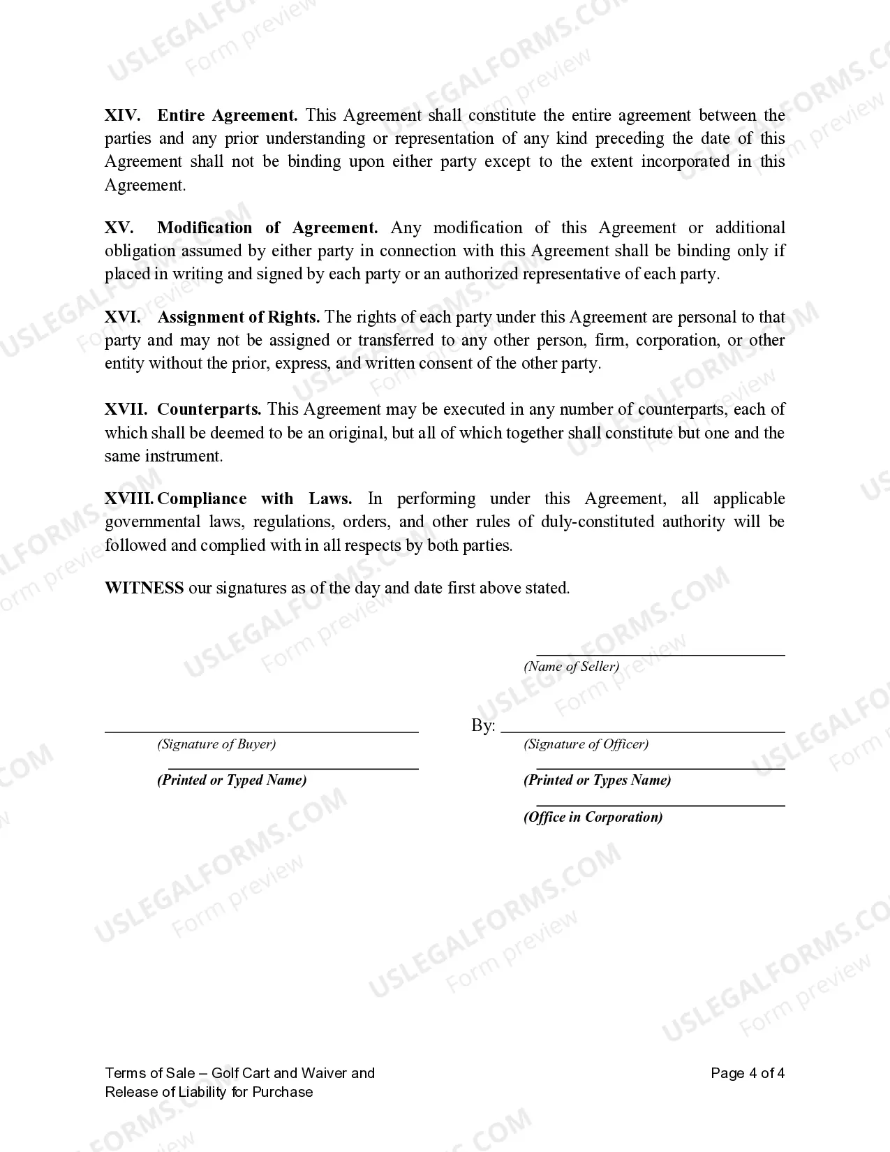 Preview Terms of Sale - Golf Cart and Waiver and Release of Liability for Purchase