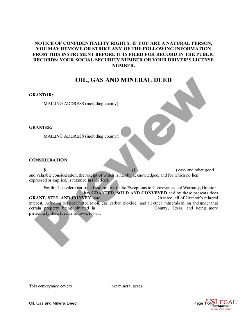 Texas Oil Gas And Mineral Deed Individual To Individual Mineral Rights Land Us Legal Forms 