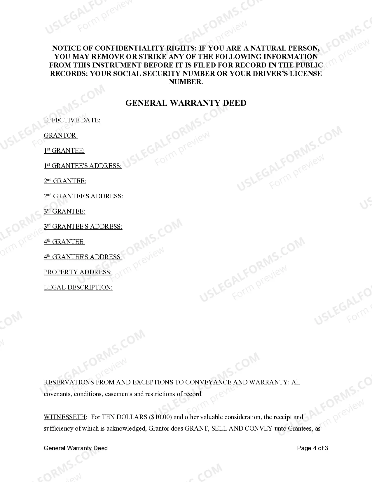 Preview General Warranty Deed - One Individual to Four Individuals with reserved Life Estate in Grantor