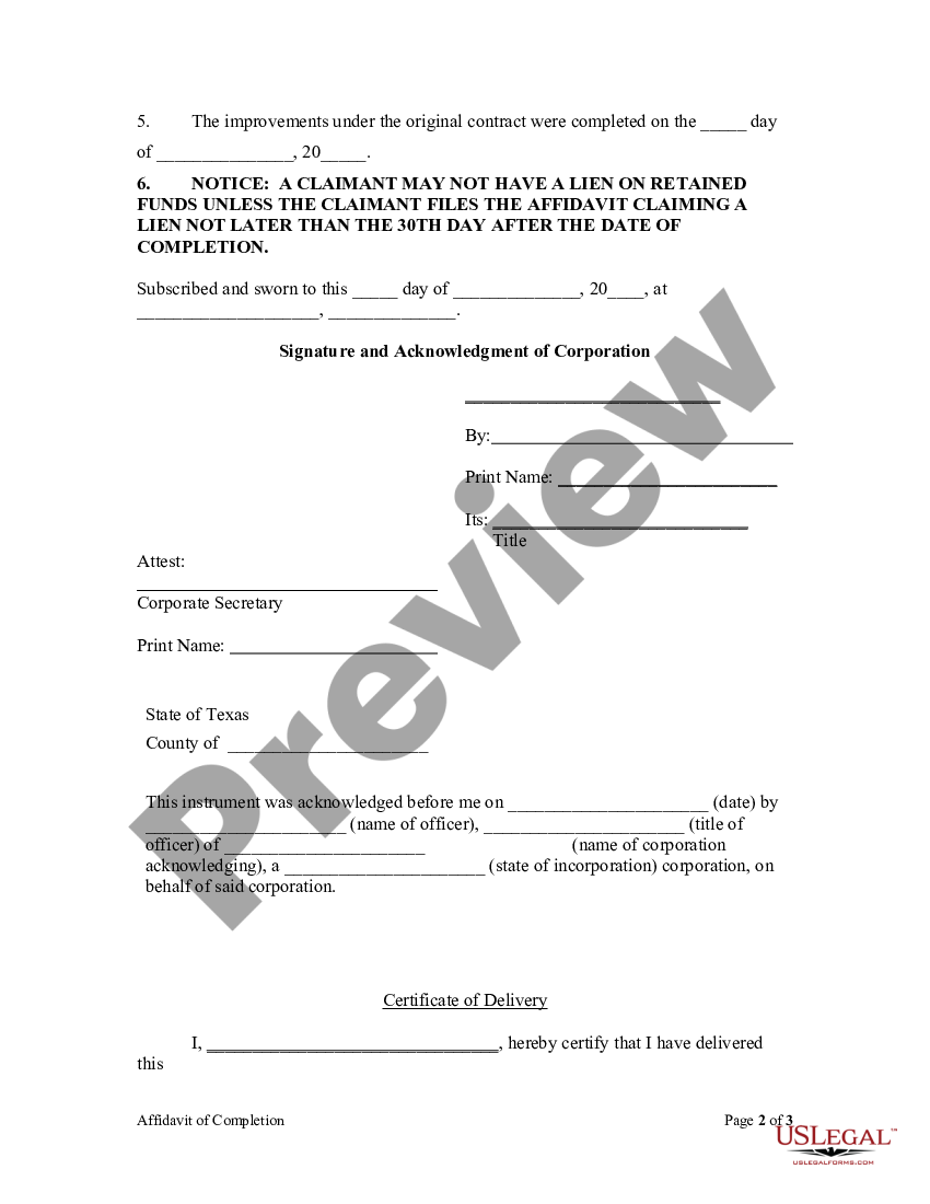 San Antonio Texas Affidavit of Completion by Owner - Mechanics Liens ...