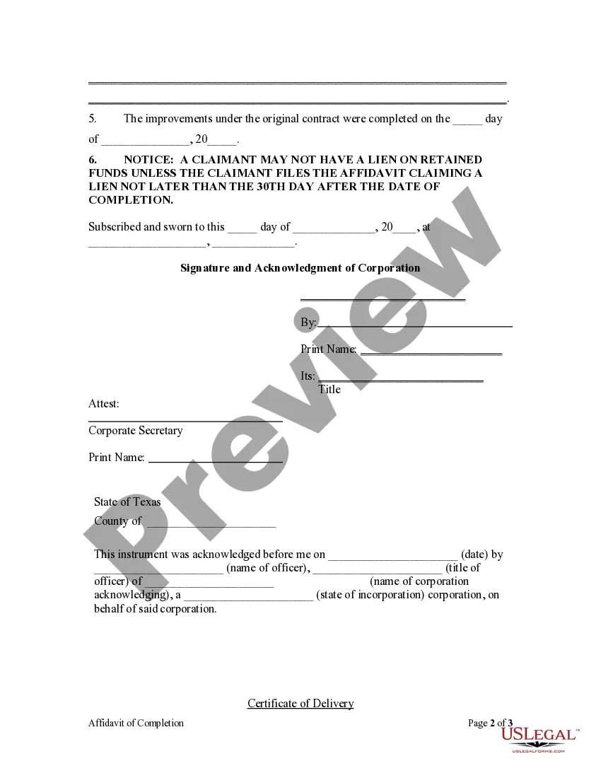 Get Affidavit of Completion by Owner - Mechanics Liens - Corporation Preview Affidavit of Completion by Owner - Mechanics Liens - Corporation