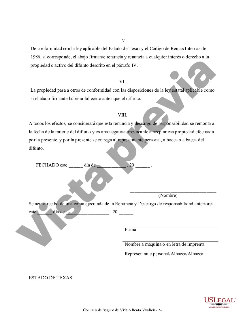Preview Renuncia y Renuncia de Bienes del Seguro de Vida o Contrato de Renta Vitalicia
