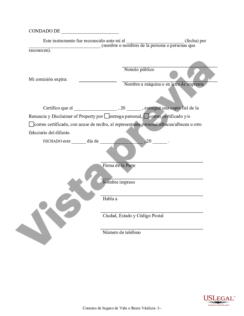 Preview Renuncia y Renuncia de Bienes del Seguro de Vida o Contrato de Renta Vitalicia