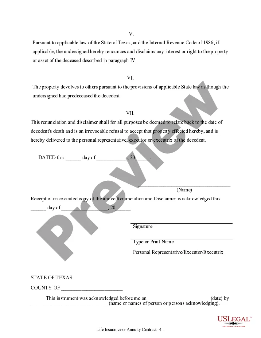 Preview Renunciation And Disclaimer of Property from Life Insurance or Annuity Contract