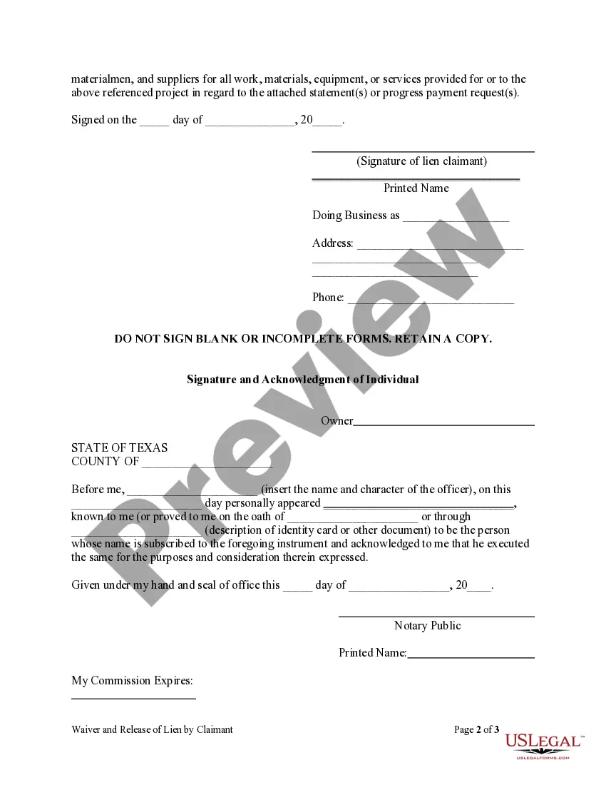 Preview Conditional Waiver and Release of Lien on Progress Payment by Claimant - Mechanics Liens - Individual