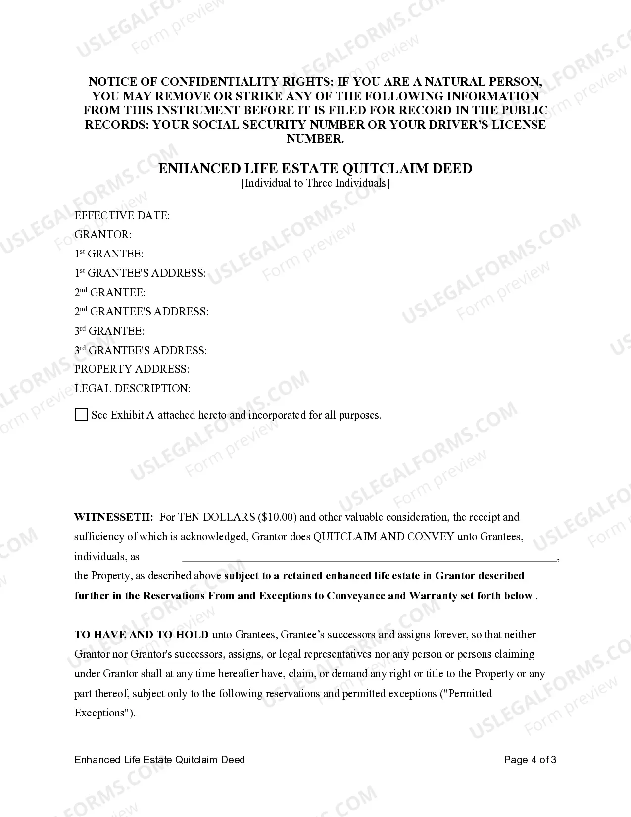 Preview Enhanced Life Estate or Lady Bird Quitclaim Deed from an Individual to three Individuals