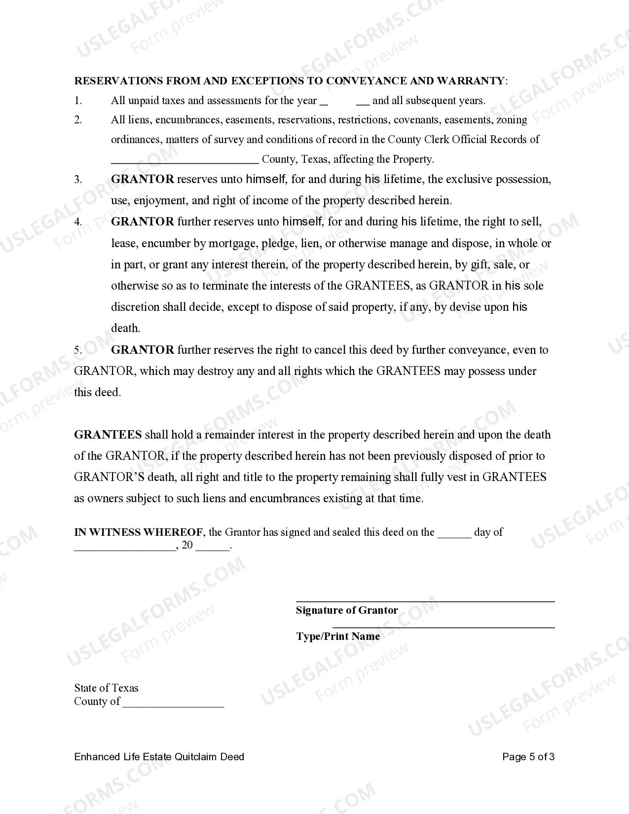 Preview Enhanced Life Estate or Lady Bird Quitclaim Deed from an Individual to three Individuals