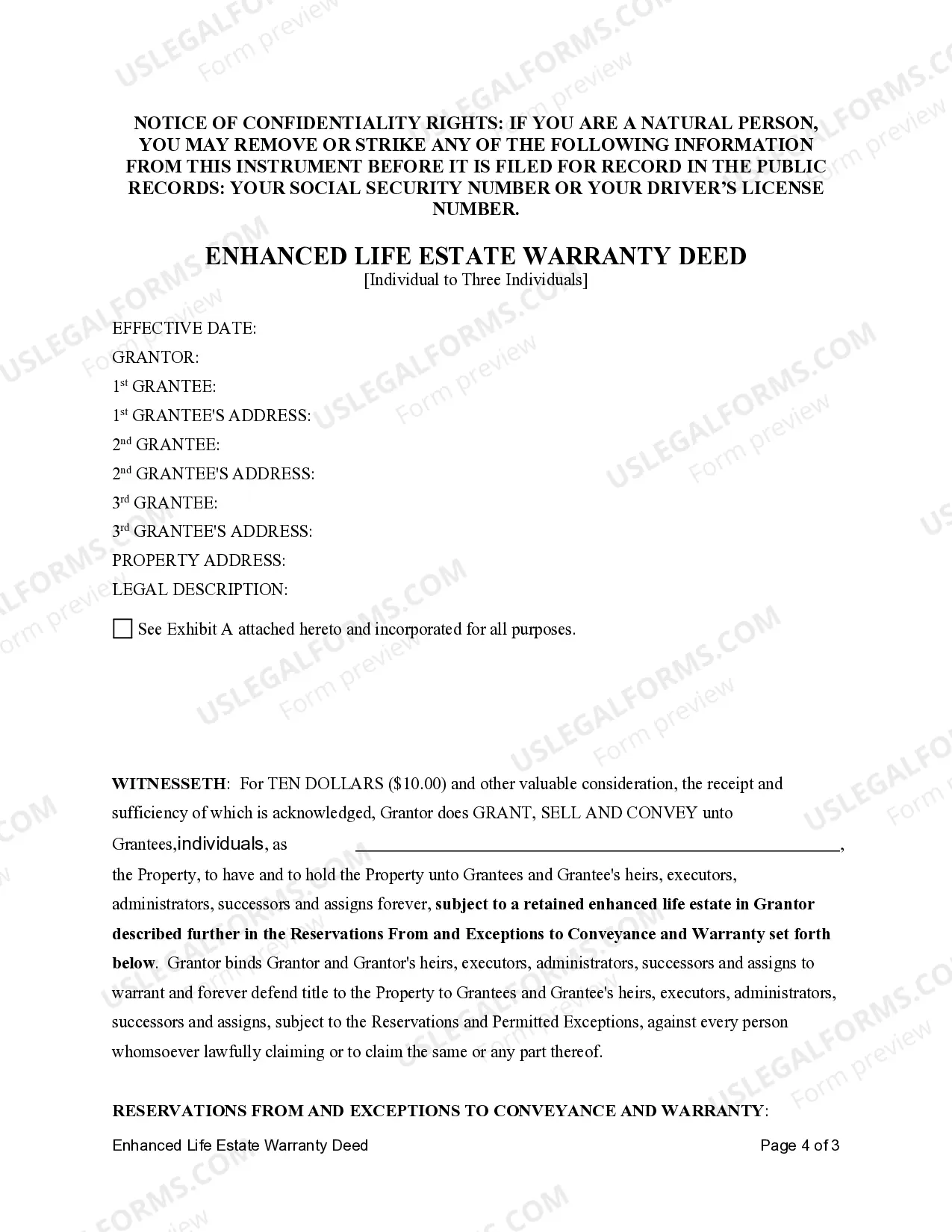 Preview Enhanced Life Estate or Lady Bird Warranty Deed from an Individual to three Individuals