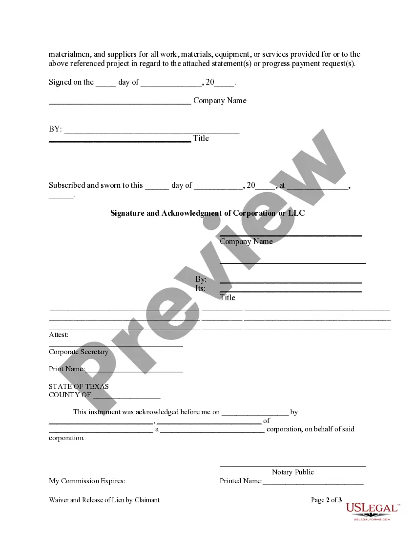 Preview Conditional Waiver and Release of Lien on Progress Payment by Claimant - Mechanics Liens - Corporation