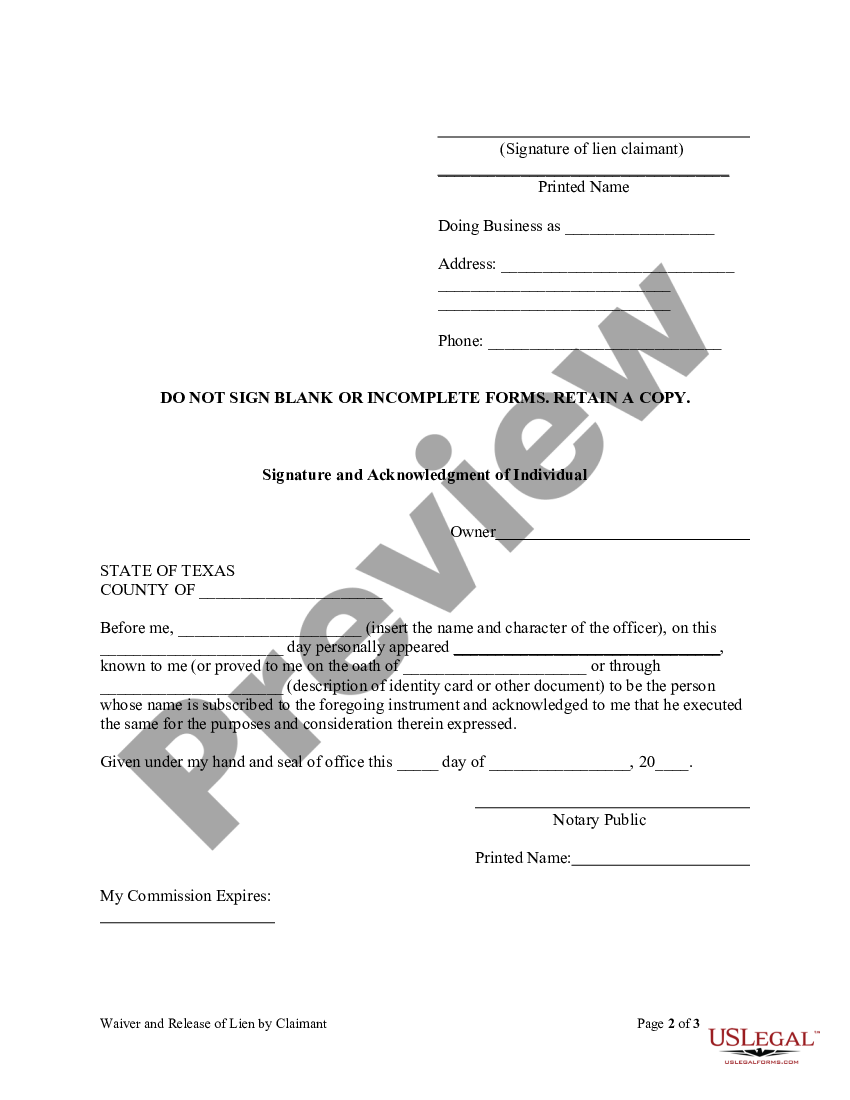 Texas Unconditional Waiver And Release Of Lien On Progress Payment By An Individual Claimaint 9933