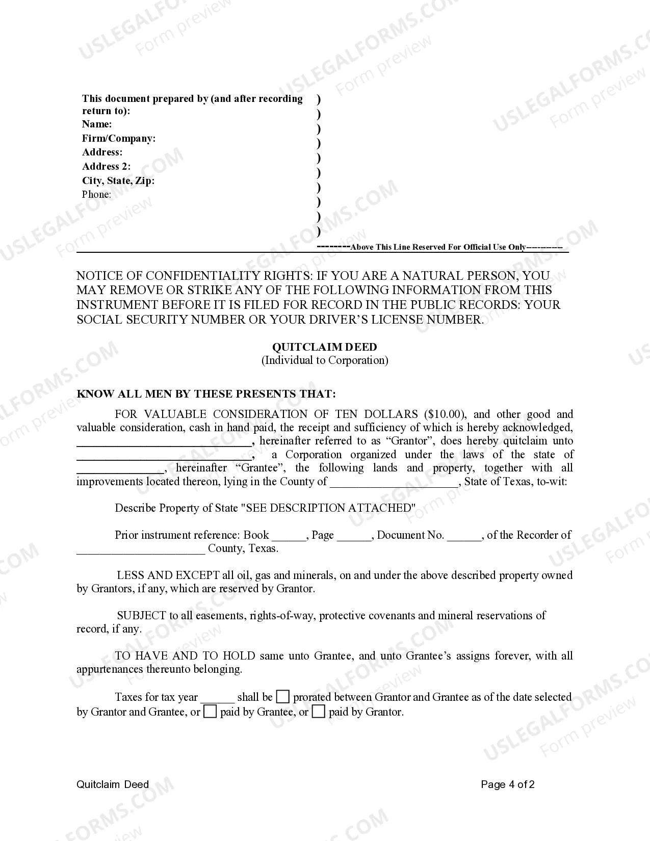 Preview Quitclaim Deed from Individual to Corporation