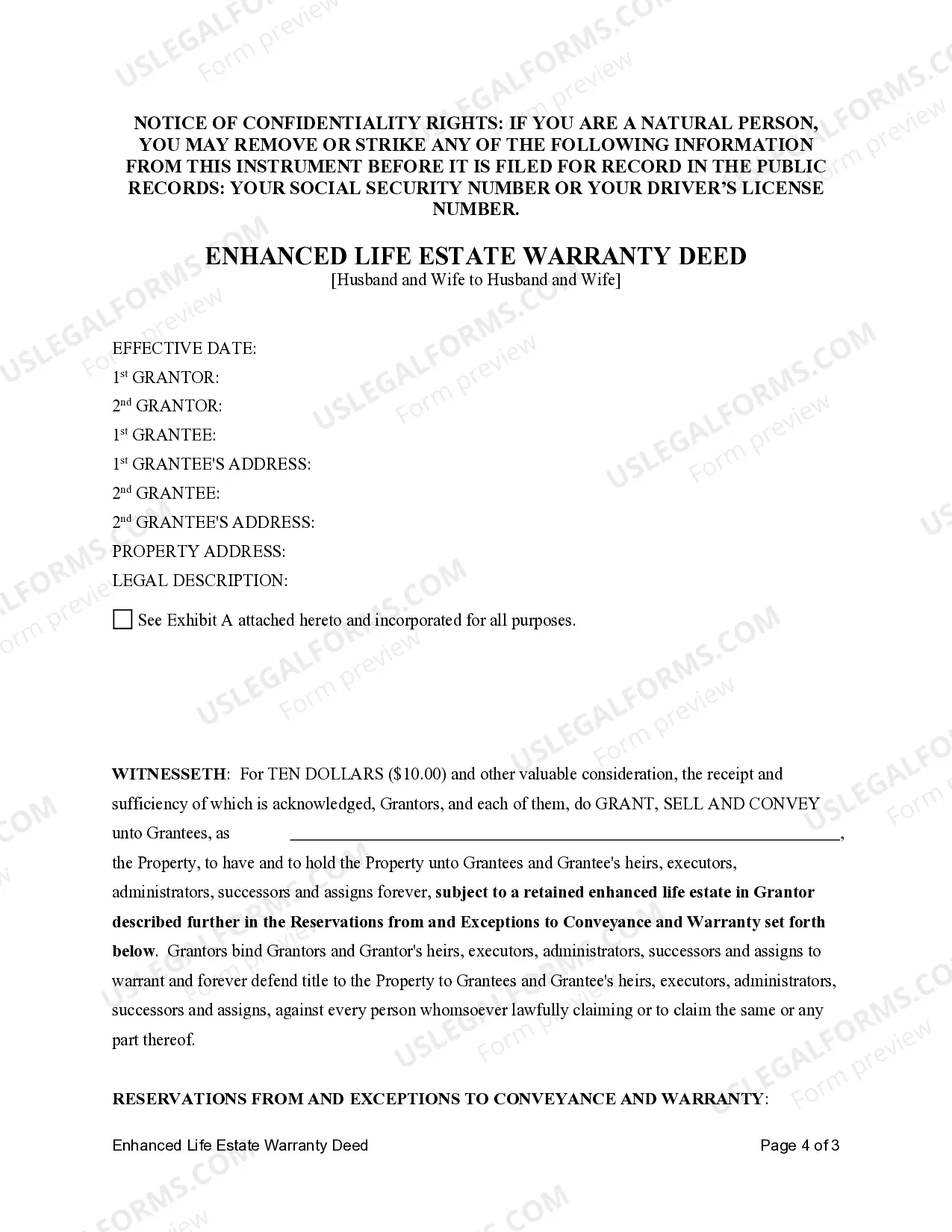 Preview Enhanced Life Estate or Lady Bird Warranty Deed from Husband and Wife to Husband and Wife