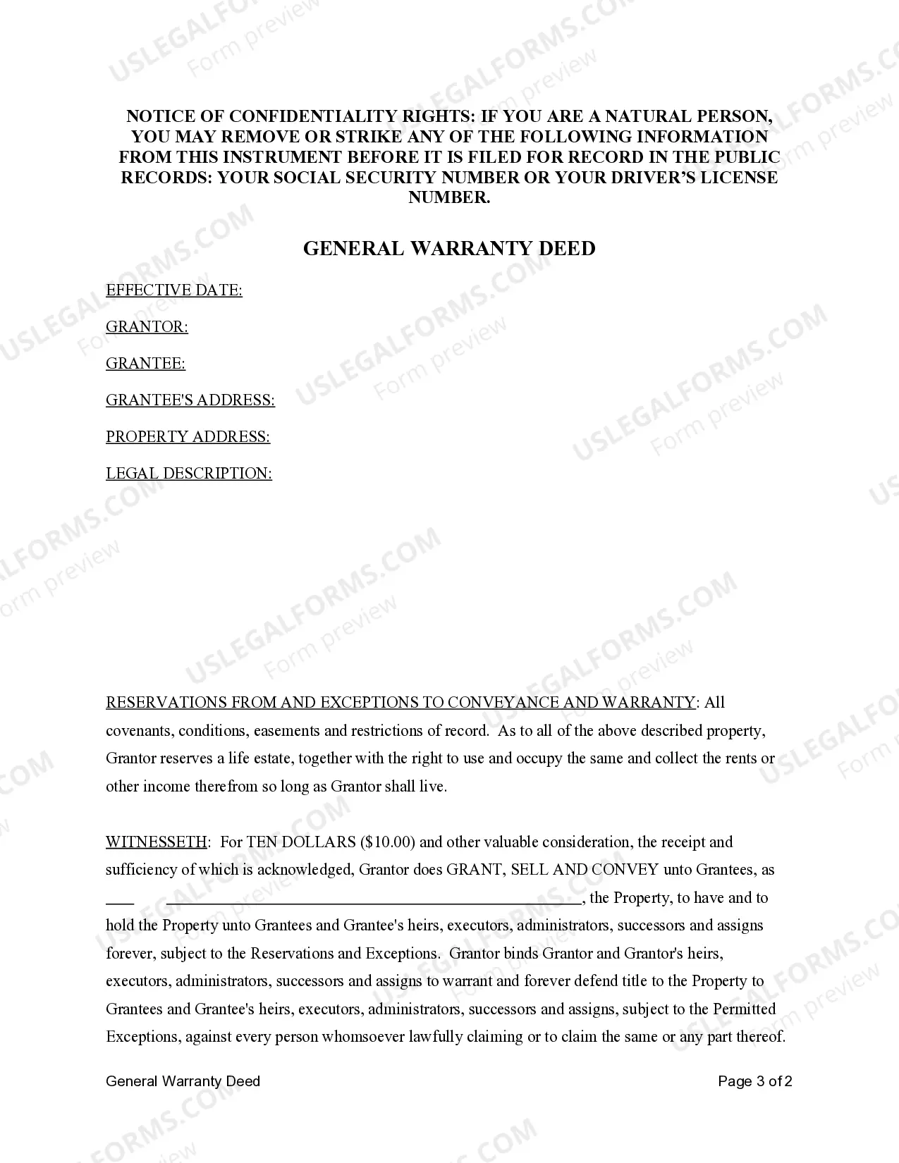 Preview General Warranty Deed from Individual to Individual with Grantor Reserving a Life Estate