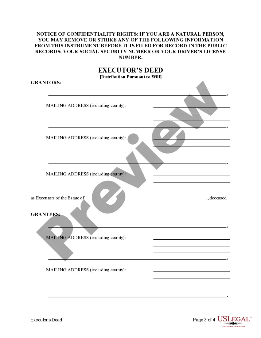 Get Executor's Deed - Three Executors to Five Beneficiaries Pursuant to Terms of Will Preview Executor's Deed - Three Executors to Five Beneficiaries Pursuant to Terms of Will