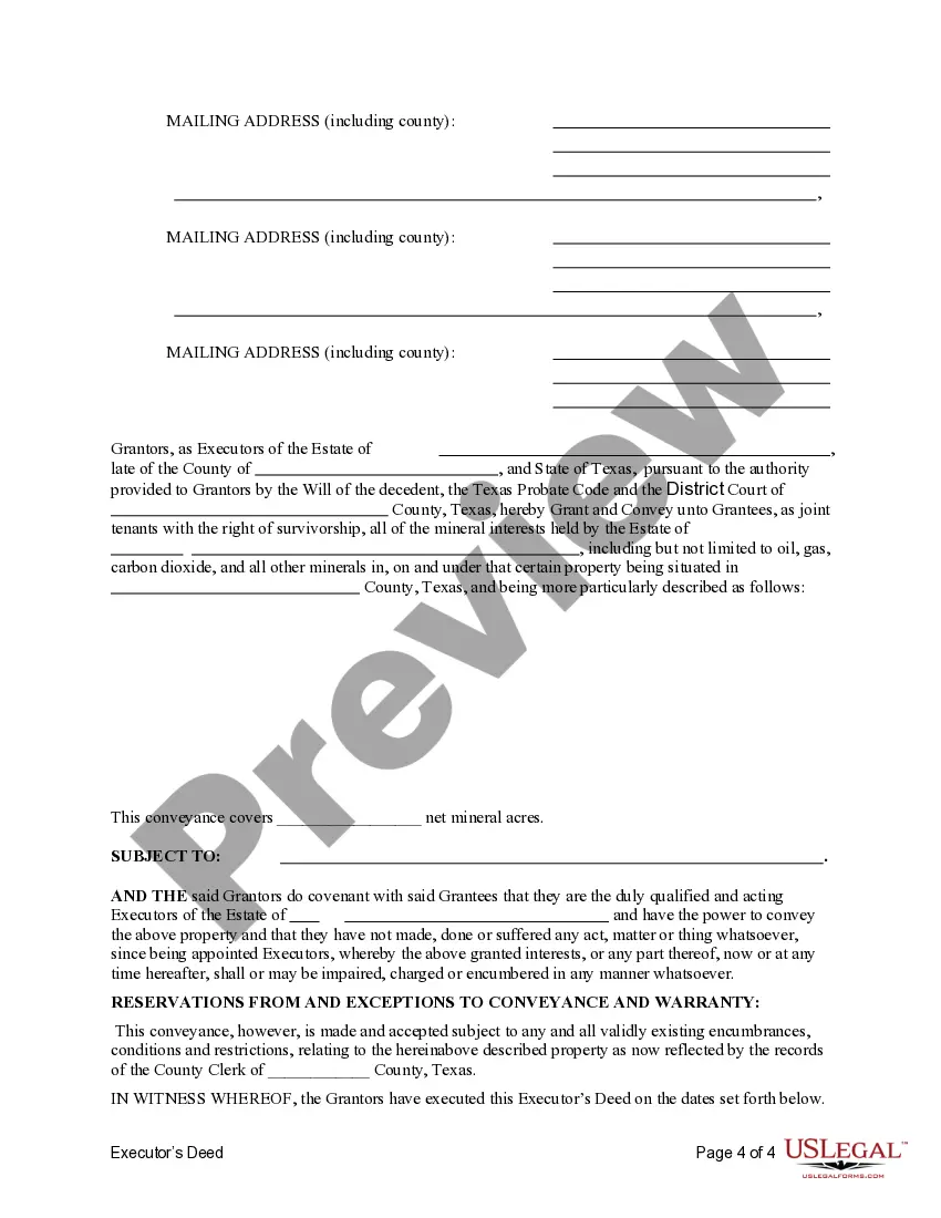 Get Executor's Deed - Three Executors to Five Beneficiaries Pursuant to Terms of Will Preview Executor's Deed - Three Executors to Five Beneficiaries Pursuant to Terms of Will