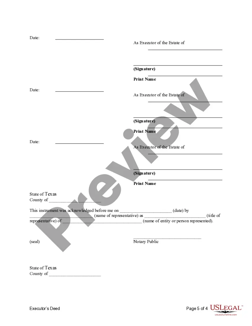 Get Executor's Deed - Three Executors to Five Beneficiaries Pursuant to Terms of Will Preview Executor's Deed - Three Executors to Five Beneficiaries Pursuant to Terms of Will