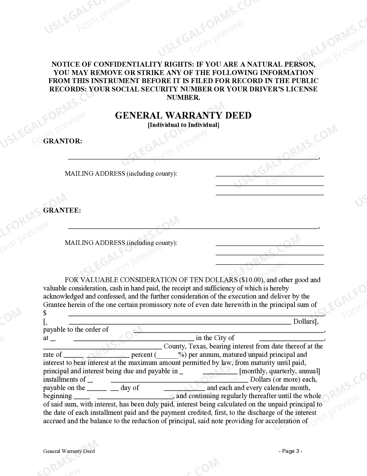 Preview General Warranty Deed with Vendor's Lien - Individual to Individual