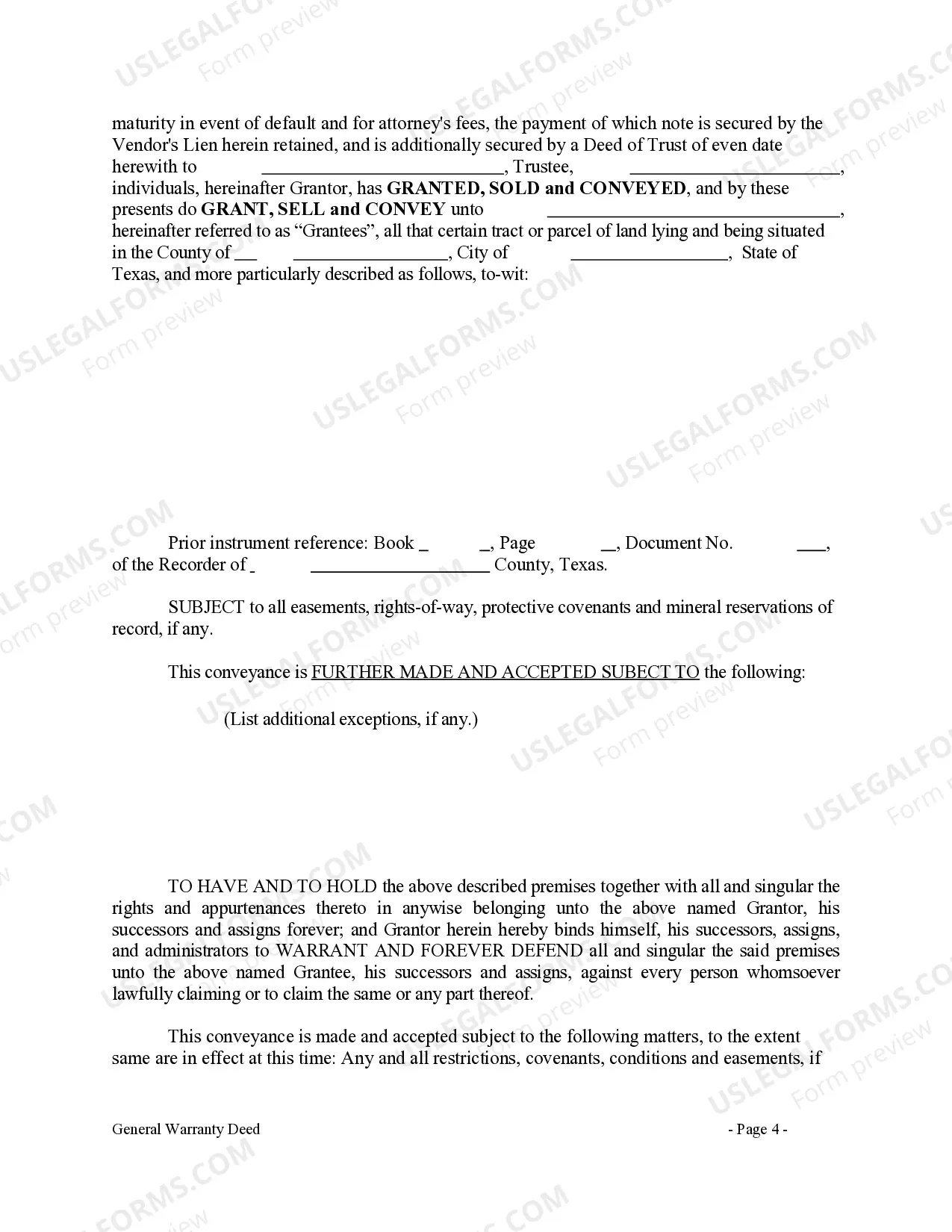 Preview General Warranty Deed with Vendor's Lien - Individual to Individual