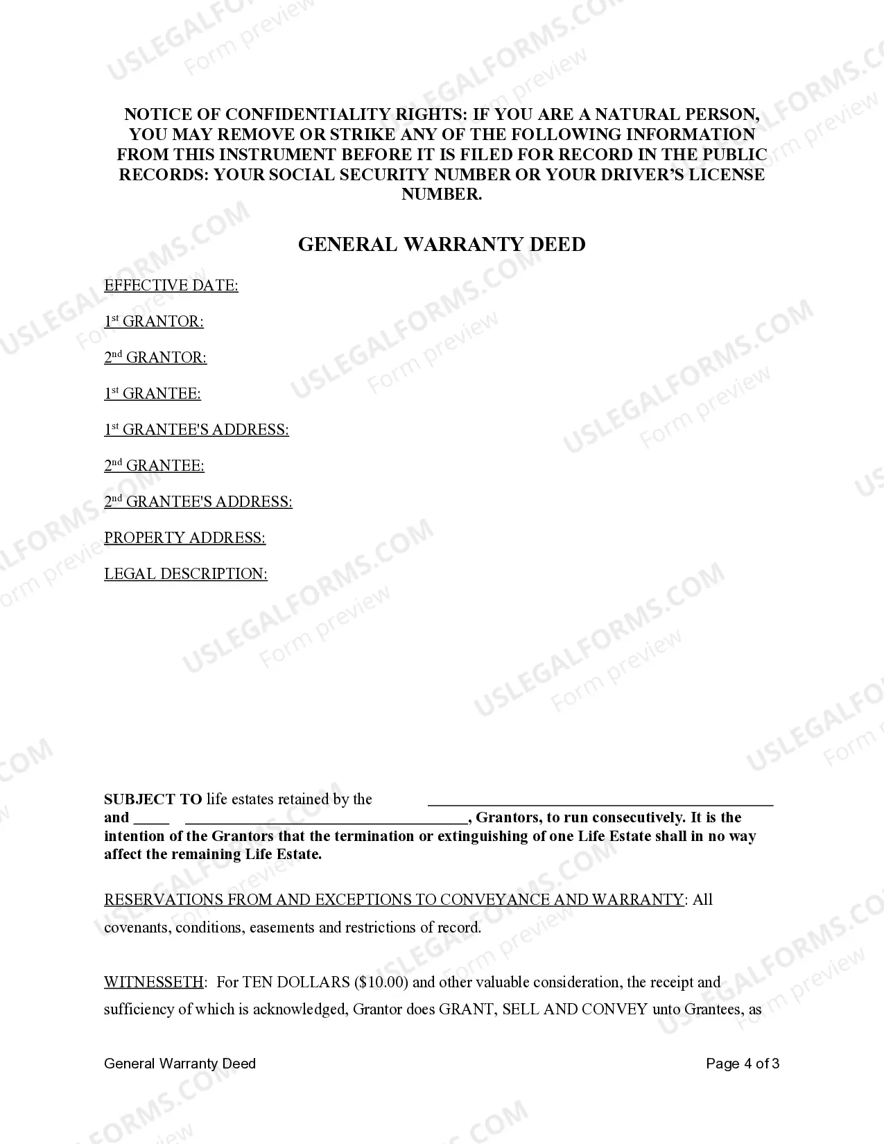 Preview General Warranty Deed - Husband and Wife to Husband and Wife with Reserved Life Estates