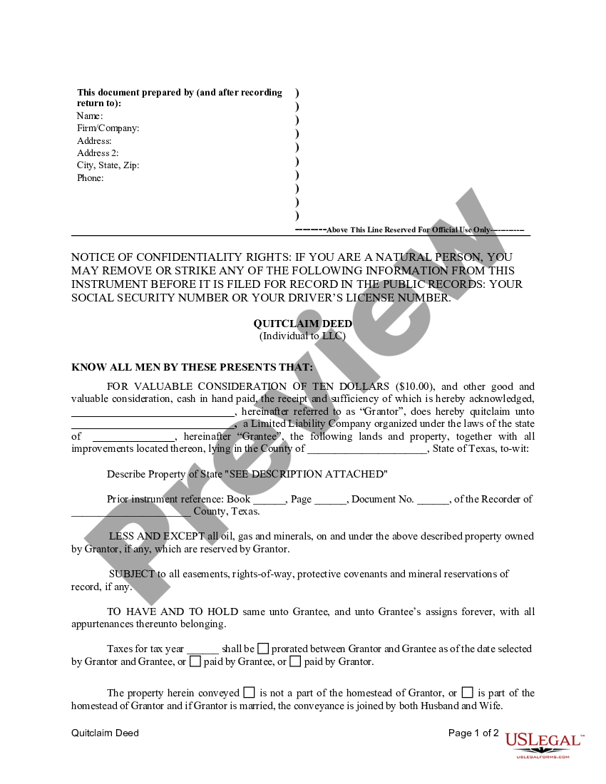 Texas Quitclaim Deed From Individual To LLC Texas Limited Company US Legal Forms