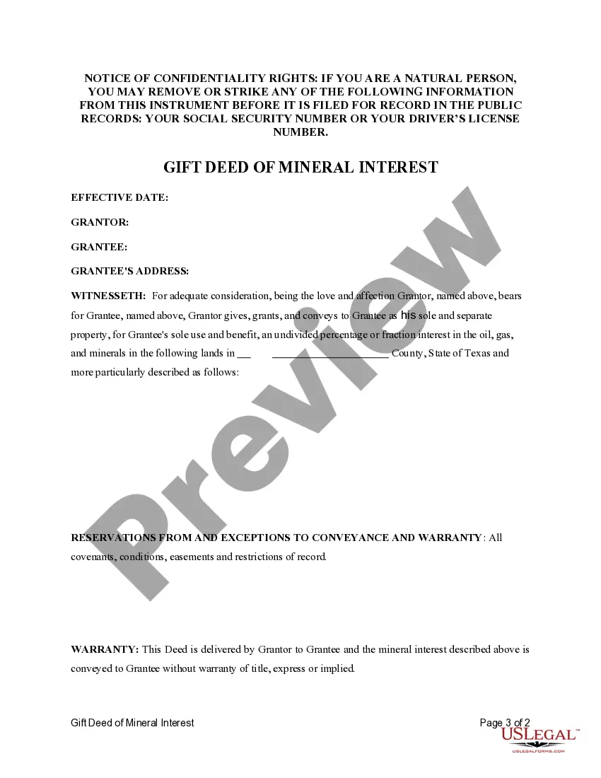 Preview Gift Deed of Mineral Interest - Individual to Individual