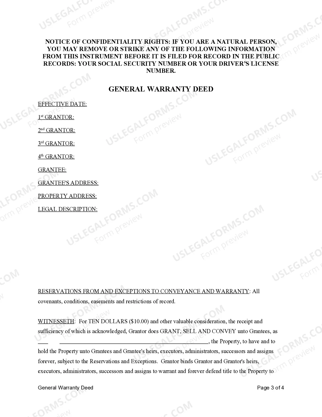 Preview General Warranty Deed from Four Grantors to One Grantee