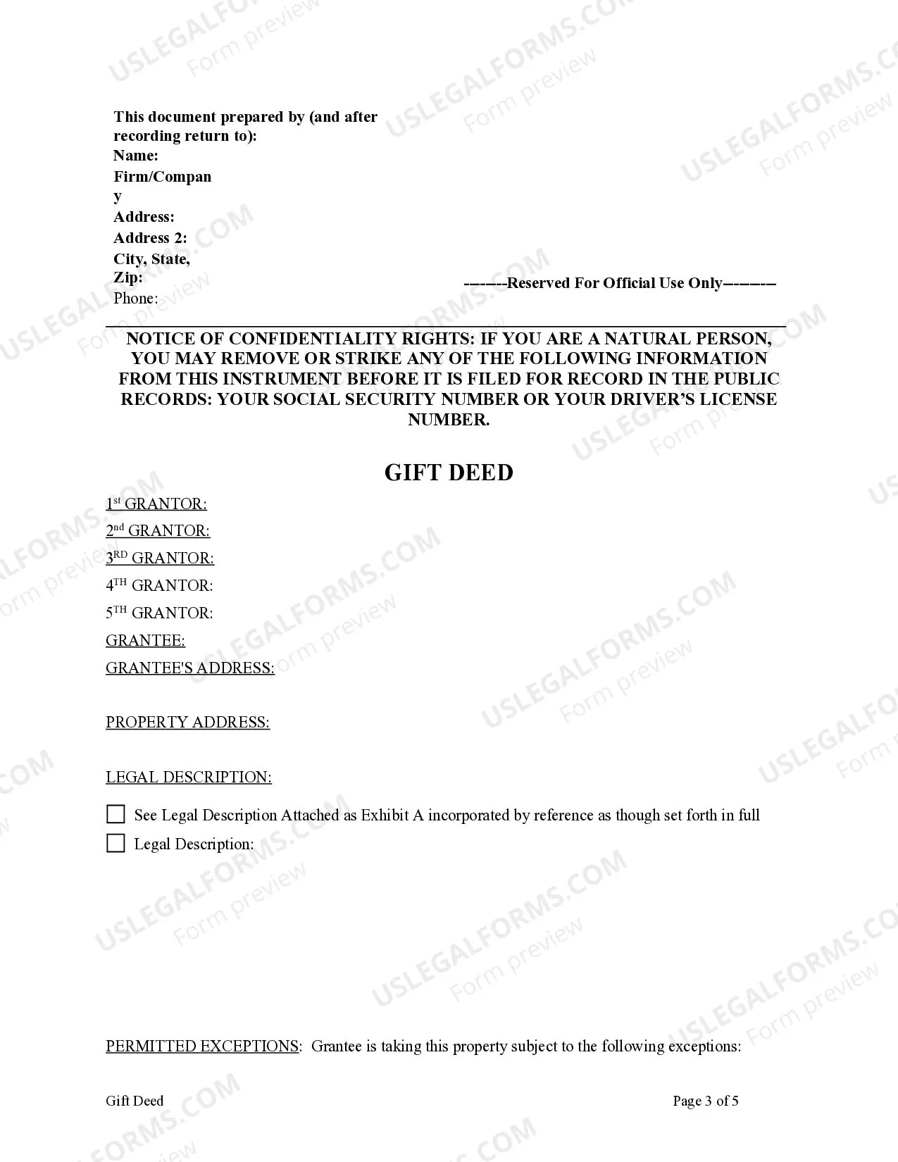 Preview Gift Deed from Five Grantors to One Grantee