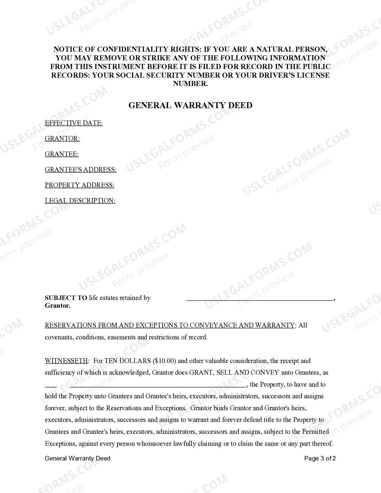 Preview General Warranty Deed - Individual to Individual with Reserved Life Estate in Grantor