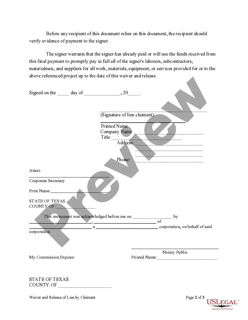 Preview Conditional Waiver and Release of Lien on Final Payment by a corporation or LLC Claimaint
