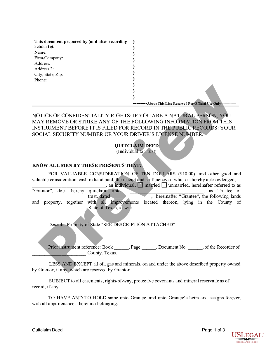 Texas Quitclaim Deed From Individual To Trust Quit Claim Deed Form Texas Us Legal Forms 9842