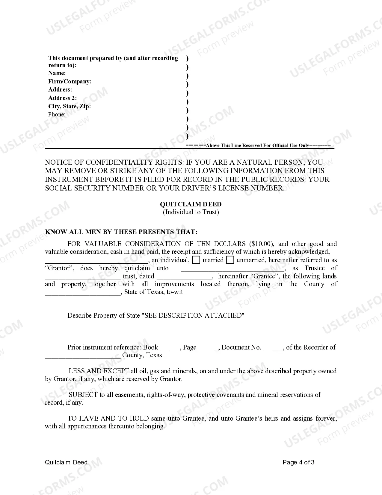 Preview Quitclaim Deed from Individual to Trust