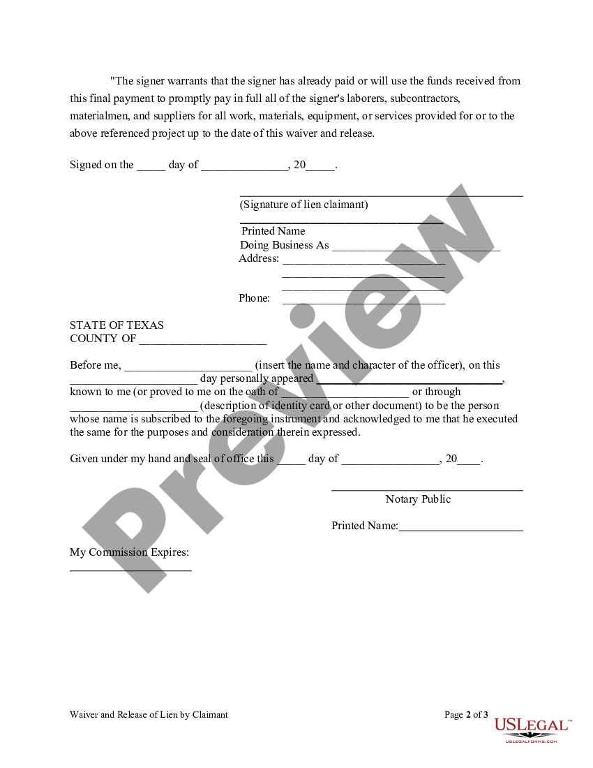 Texas Unconditional Waiver and Release of Lien on Final Payment by an ...