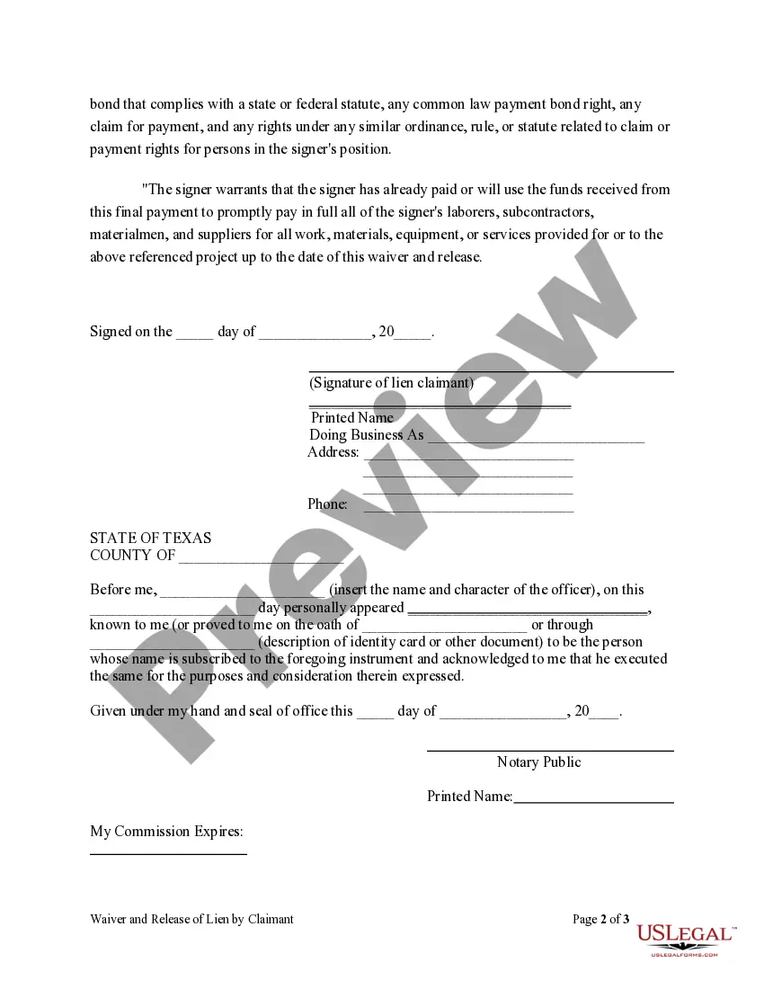 Preview Unconditional Waiver and Release of Lien on Final Payment by an Individual Claimaint