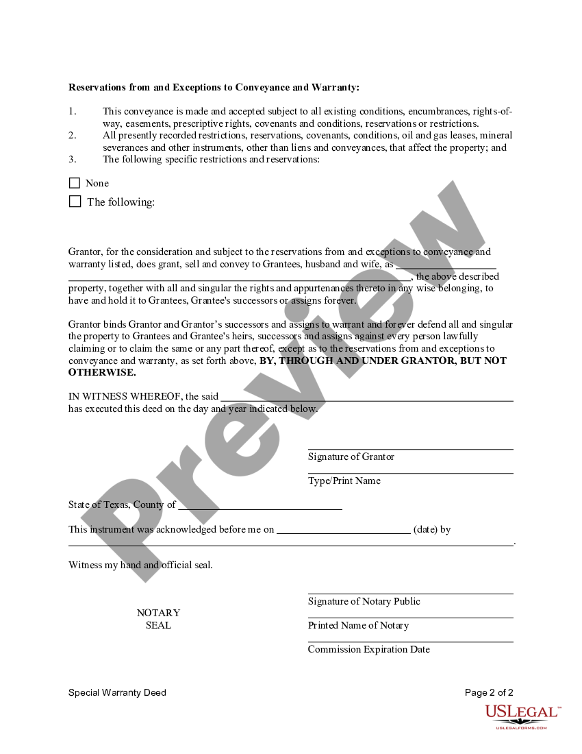 Texas Special Warranty Deed Individual To Husband And Wife Special Warranty Deed Texas Us 8473