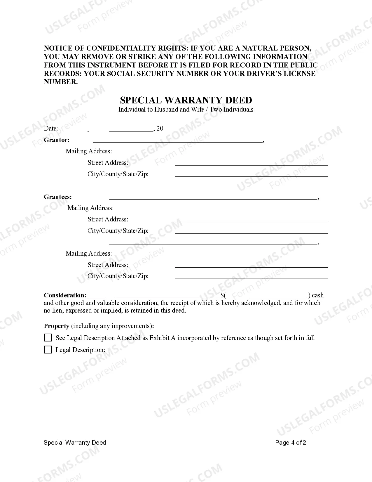 Preview Special Warranty Deed - Individual to Husband and Wife
