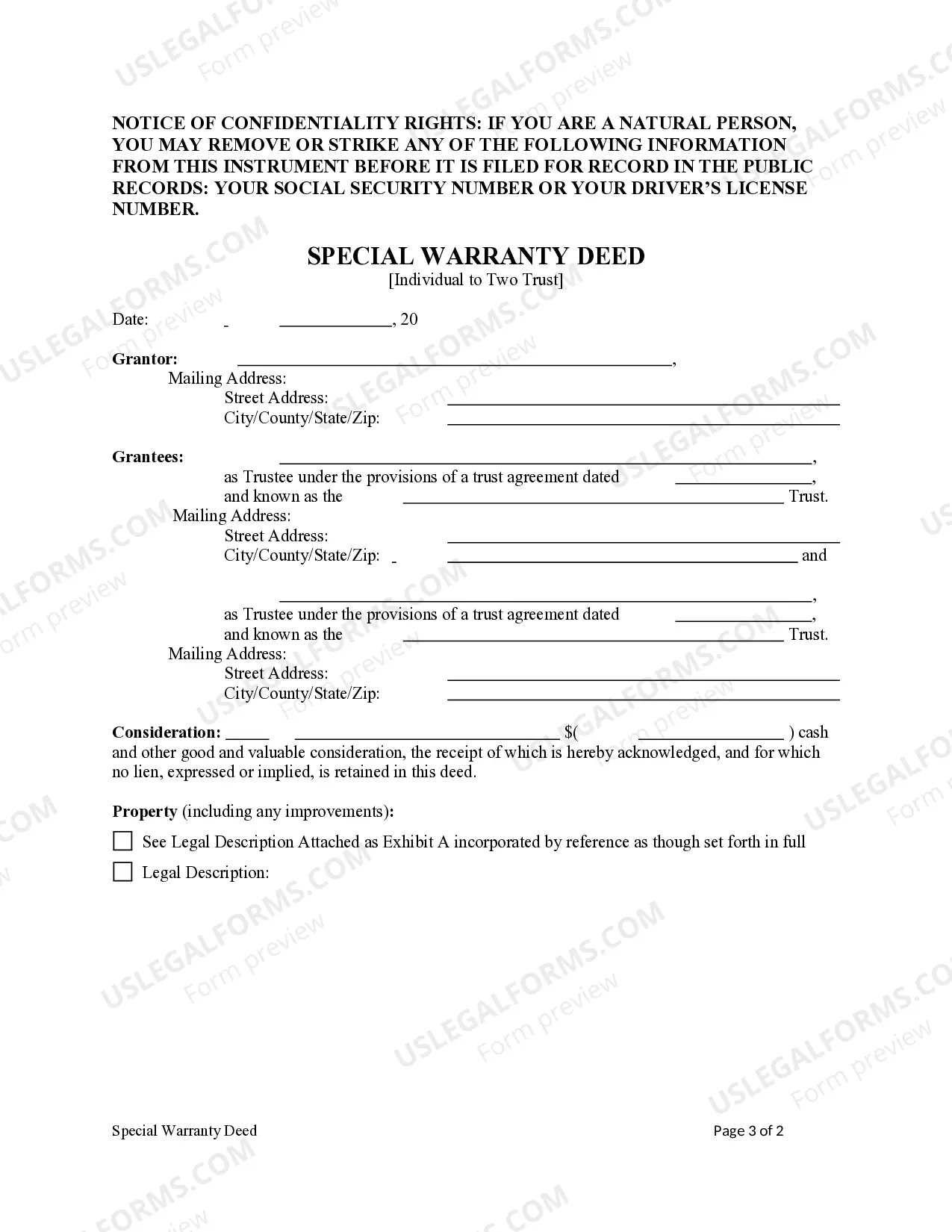Preview Special Warranty Deed - Individual to Two Trusts