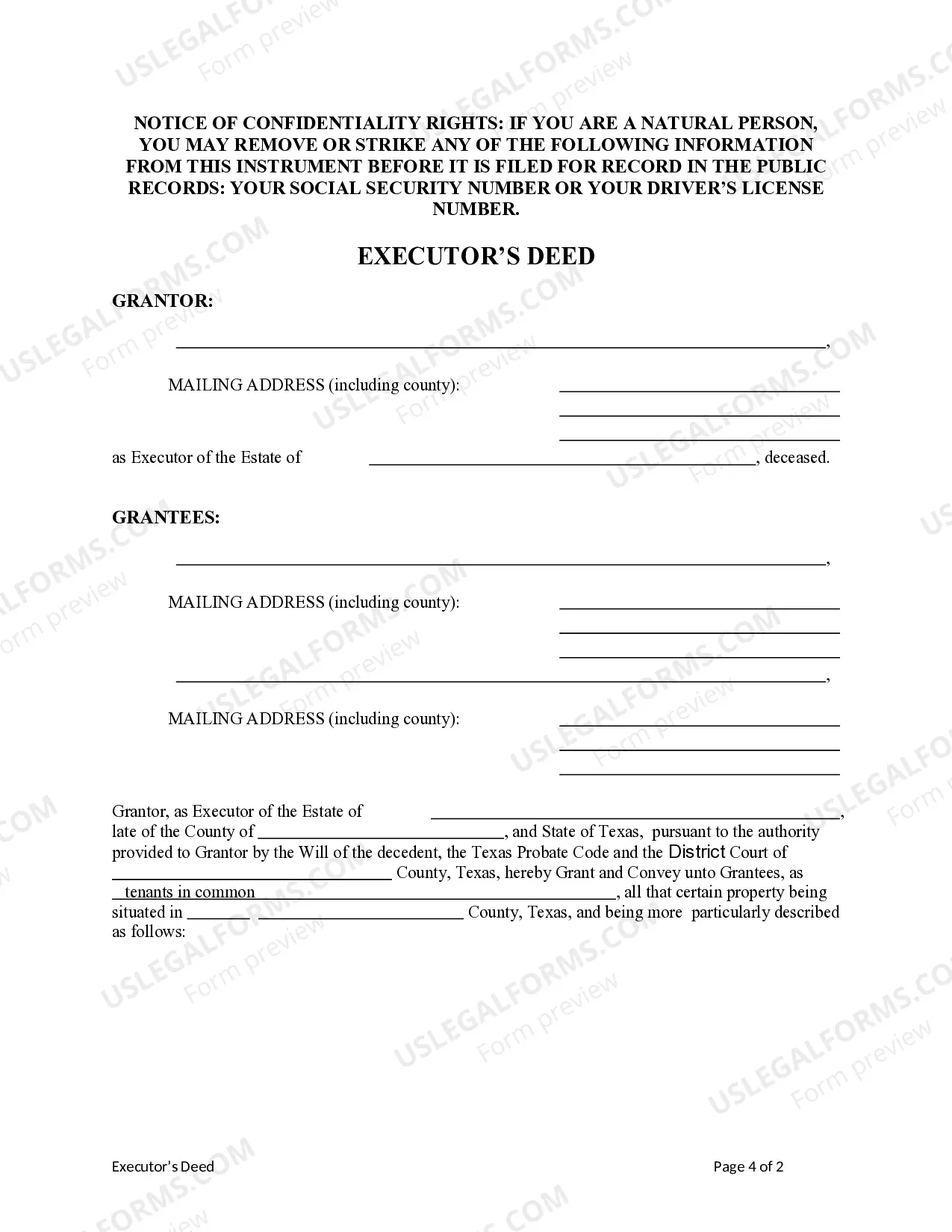 Preview Executor's Deed - Estate to Two Beneficiaries